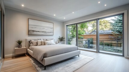 Spacious modern bedroom with a minimalist design, featuring a king-sized bed, light grey bedding, and large windows, set up for the real estate market