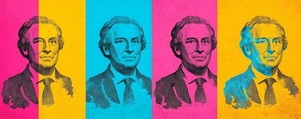 A vibrant, modern portrait featuring a stylized depiction of a distinguished figure in bold colors.