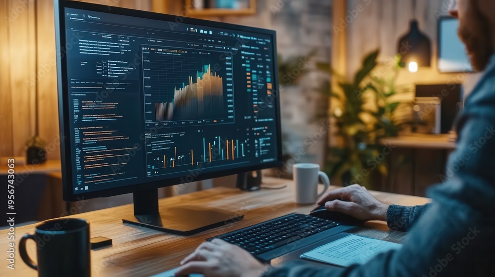 Aufkleber An expert focuses intently on analyzing data displayed on a large screen while sitting at a tidy desk with essential tools. Generative AI