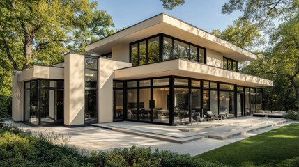 Fototapeta premium Stylish cream-colored villa with a modern design, featuring black glass windows and a spacious outdoor area, representing luxury living in a serene setting