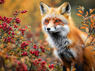 Fototapeta premium A fox is standing in a field of red berries