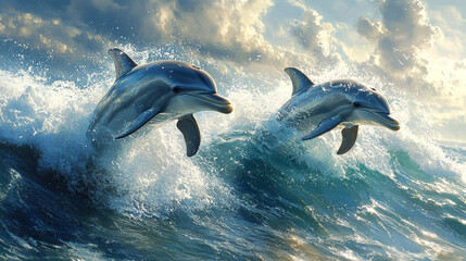 Naklejka premium Dolphins jumping into the sea