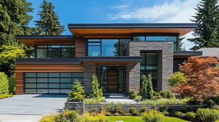 Fototapeta premium Stylish modern home with a flat roof, large glass windows, and a mix of natural stone and wood cladding, set in a quiet suburban neighborhood