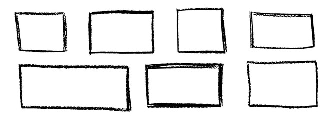 Set of wax pencil hand drawn frames. Collection of writing by children pastel rectangular and square geometric shapes. Black doodle style outline text boxes with grunge texture. Vector illustration