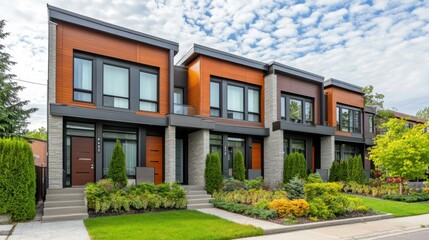 Obraz premium Stylish townhouse in a suburban neighborhood with a modern design, including a small front garden, large windows, and a chic, clean exterior