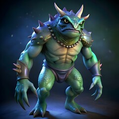 A menacing 3D illustration of a reptilian creature with spiky armor. sharp claws. and a stern expression.