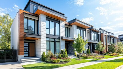 Fototapeta premium Stylish townhouse in a suburban neighborhood with a modern design, including a small front garden, large windows, and a chic, clean exterior