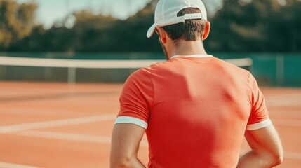 Closeup of a tennis player stretching and massaging their sore strained back muscles on the tennis court during a sports injury or competition  Deep depth of field with blurred background