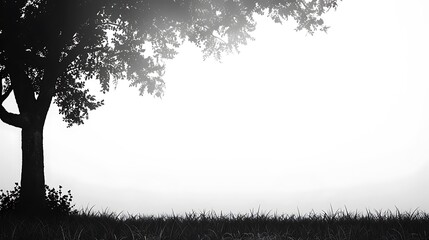 Serene Black and White Landscape with a Majestic Tree and Gentle Grass