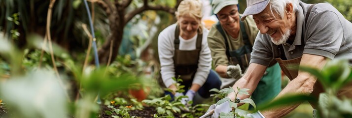 A group of elderly people happily gardening together, each participating in planting and nurturing plants, showing the beauty of teamwork and shared passion for nature.