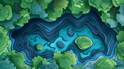 real sky blue River in Shape intestines in Green Jungle Forest top view in paper cut style