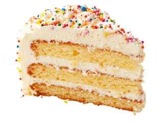 a slice of cake with white frosting and sprinkles