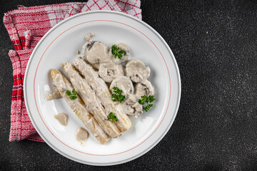 white asparagus in cream sauce fresh meal food snack on the table copy space food background rustic top view