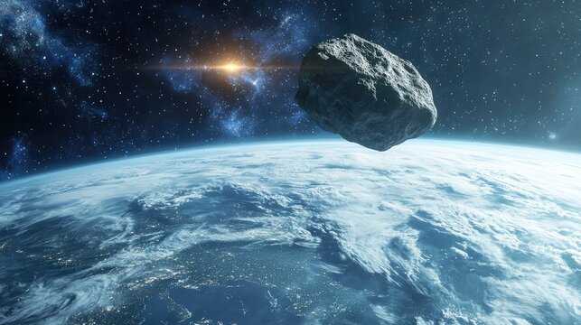 An artist's concept of an asteroid approaching Earth, with a dramatic atmosphere and celestial effects.