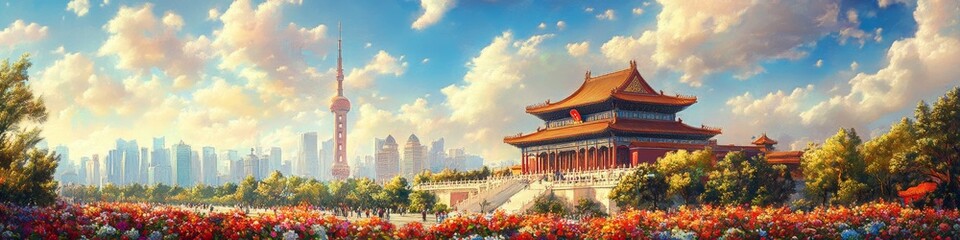 Fototapeta premium National Day of the Republic of China. The main public holiday in China. On this day, Tiananmen rises in Beijing's main square National flag of the People's Republic of China.