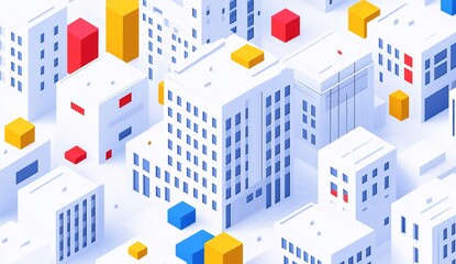 An isometric illustration of white buildings with blue, yellow, and red accents