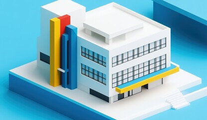 An isometric illustration of white buildings with blue, yellow, and red accents