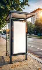 Blank bus stop ad mockup in urban setting with a clear. sunny sky.