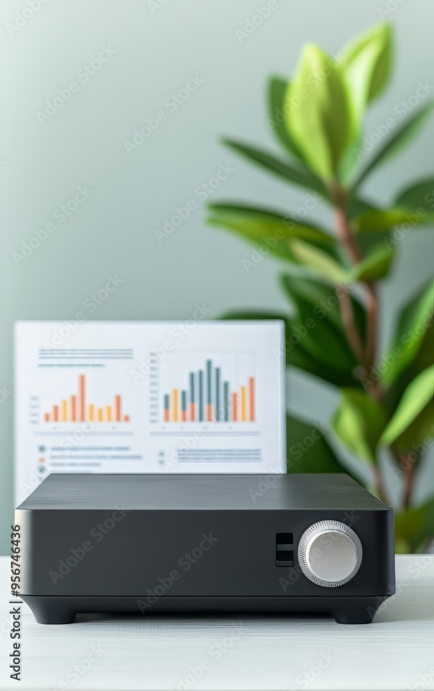 Poster a modern projector on a table with a graph presentation and a green plant in the background, ideal f