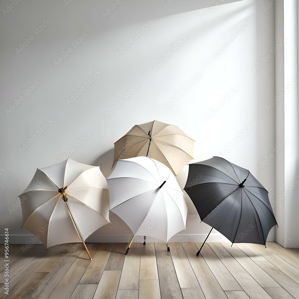 Poster four umbrellas of varying colors rest against a white wall. creating a minimalist yet stylish design