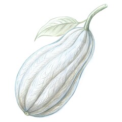 Hand drawn illustration of a single carob pod with a leaf.