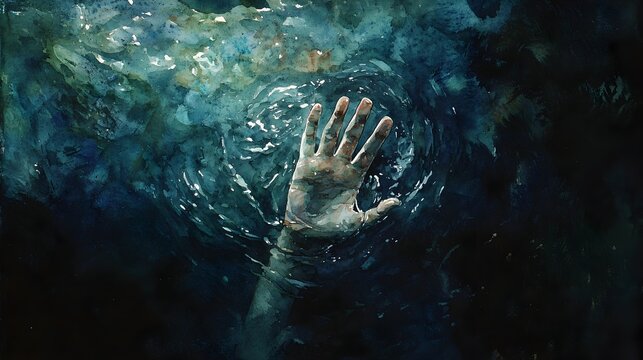 Ethereal Hand Reaching From Mysterious Dark Pool,Grasping for Light in Watercolor Style