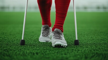 Football player walking with ankle brace and crutches depicting the recovery process from a sports injury