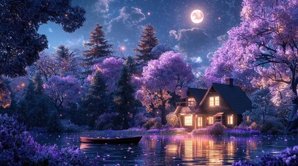 Obraz premium Beautiful house in the woods, a full moon night with stars and glowing trees, purple flowers around the lake, a boat on the water, in the style 