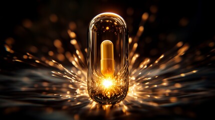 A pill or capsule emitting a bright, glowing light, symbolizing the powerful efficacy of a drug that provides relief or cure. 