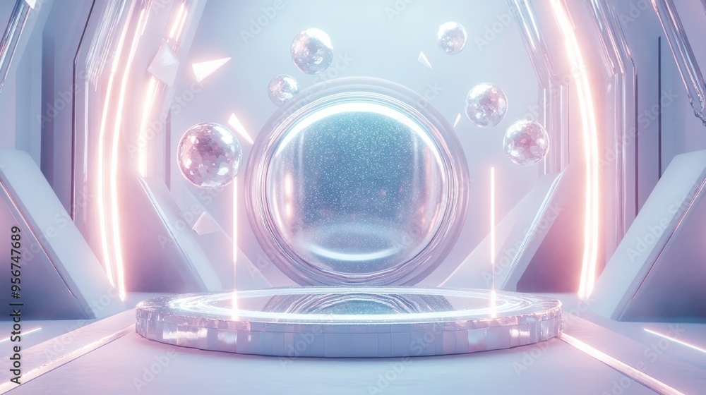 Poster futuristic abstract background with glowing lights and platform.