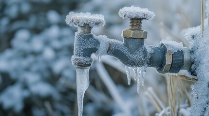 Ice-covered metal faucet, frozen solid in cold weather, with no water flowing. Symbolizes winter's freezing impact