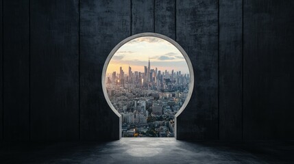 White keyhole opening with city view in wide black concrete wall with mock up place. Future, way and ambition concept. 3D Rendering