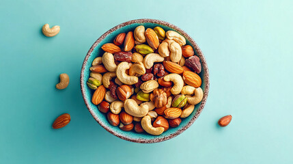 mixed nuts in bowl. Mix of various nuts on light blue background. pistachios, cashews, walnuts, hazelnuts, peanuts and brazil nuts.