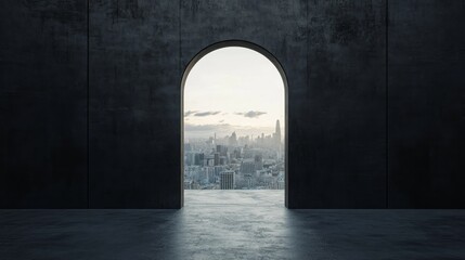 Fototapeta premium White keyhole opening with city view in wide black concrete wall with mock up place. Future, way and ambition concept. 3D Rendering