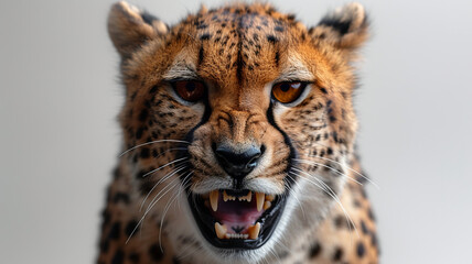 Close-up portrait of a cheetah on a gray background