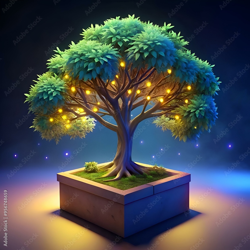 Poster a magical 3d illustration of a glowing tree in a stone pot. perfect for adding a touch of fantasy an