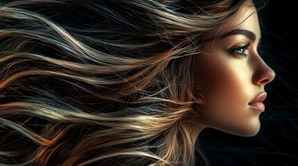 Obraz premium Close-up portrait of a woman with flowing hair in dynamic lighting