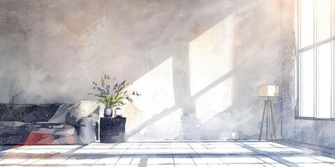 Modern Interior Design Sketch with Chair and Houseplant, Elegant Home Decor Concept