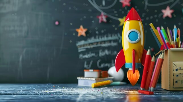 Back to school theme with a rocket with school supplies. school. Ultra realistic. Photorealistic