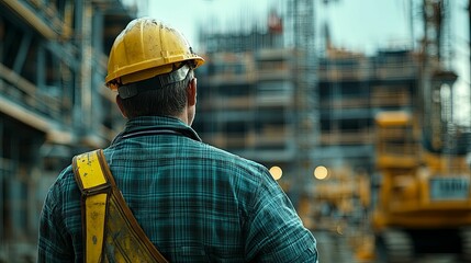 Construction Worker Wearing a Yellow Hard Hat Looking Away