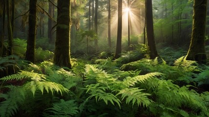 Fototapeta premium Sunrise View in Forest with Lush Trees and Ferns. Generative AI