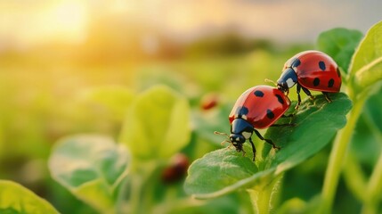 Fototapeta premium Ladybugs Crawling on Organic Farm Plant Natural Pest Control Solution for Sustainable Agriculture and Eco Friendly Gardening