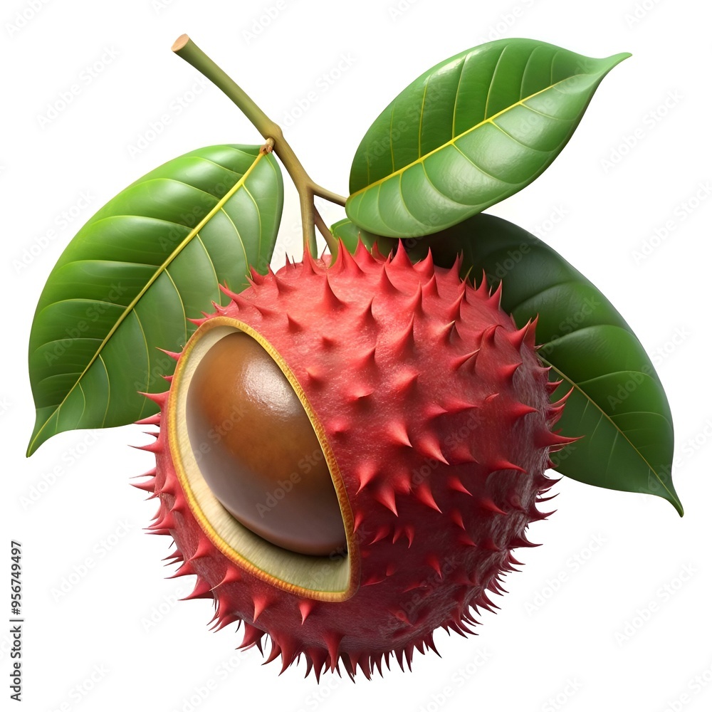 Poster a close up of a single. ripe chestnut encased in a spiky. red shell with green leaves. creating a vi