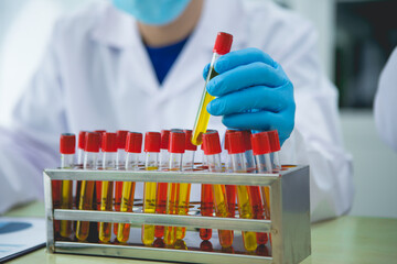 In this chemical experiment, two researchers collaborate to mix reactants, carefully observe...
