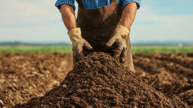 Farmer enriching soil with organic compost pile in a deep field of a rural agricultural landscape promoting sustainable soil health and ecology through natural farming methods