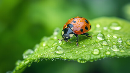 Fototapeta premium Ökologischer Bauernhof Nachhaltige Landwirtschaft ohne Pestizide Ackerbau ohne Maschinen Marienkäfer, Insekt Nahaufnahme am Getreide Generative AI