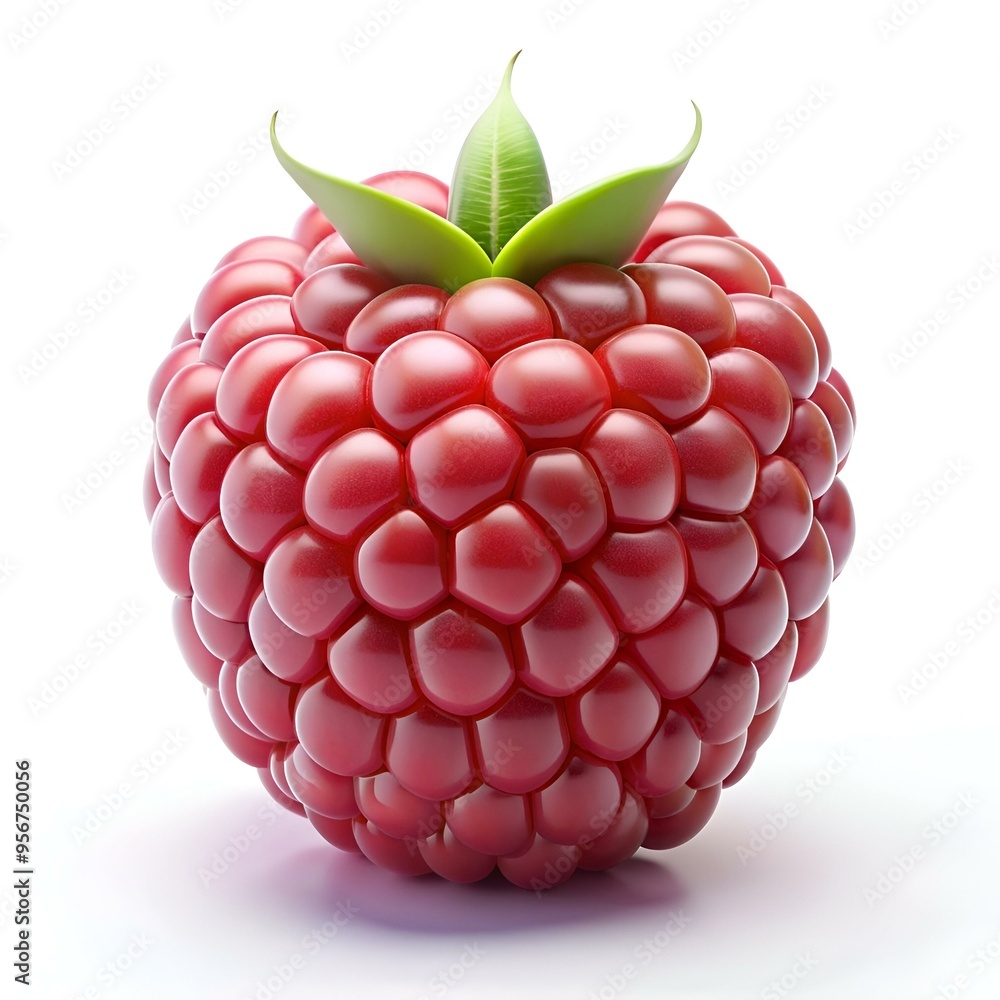 Poster a vibrant. 3d rendered raspberry with a glossy finish and a single green leaf on top. isolated on a 