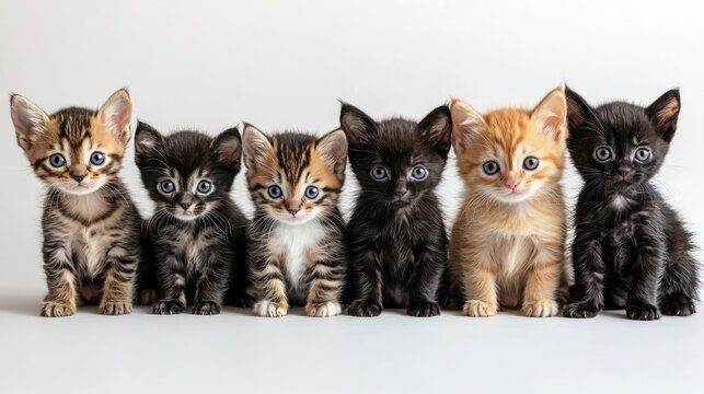 Six adorable kittens lined up on a clean white background