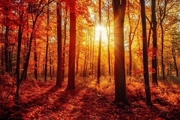 Fototapeta premium A quiet urban street with fall-colored trees, sidewalks blanketed in leaves, and glowing lampposts at dusk, creating a cozy and serene autumn atmosphere.