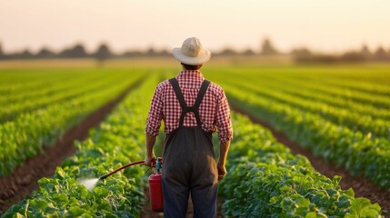 Fototapeta premium Farmer spraying natural chemical free fertilizer on healthy organic crops growing in a lush green agricultural field Sustainable and eco friendly farming practices for bountiful harvest